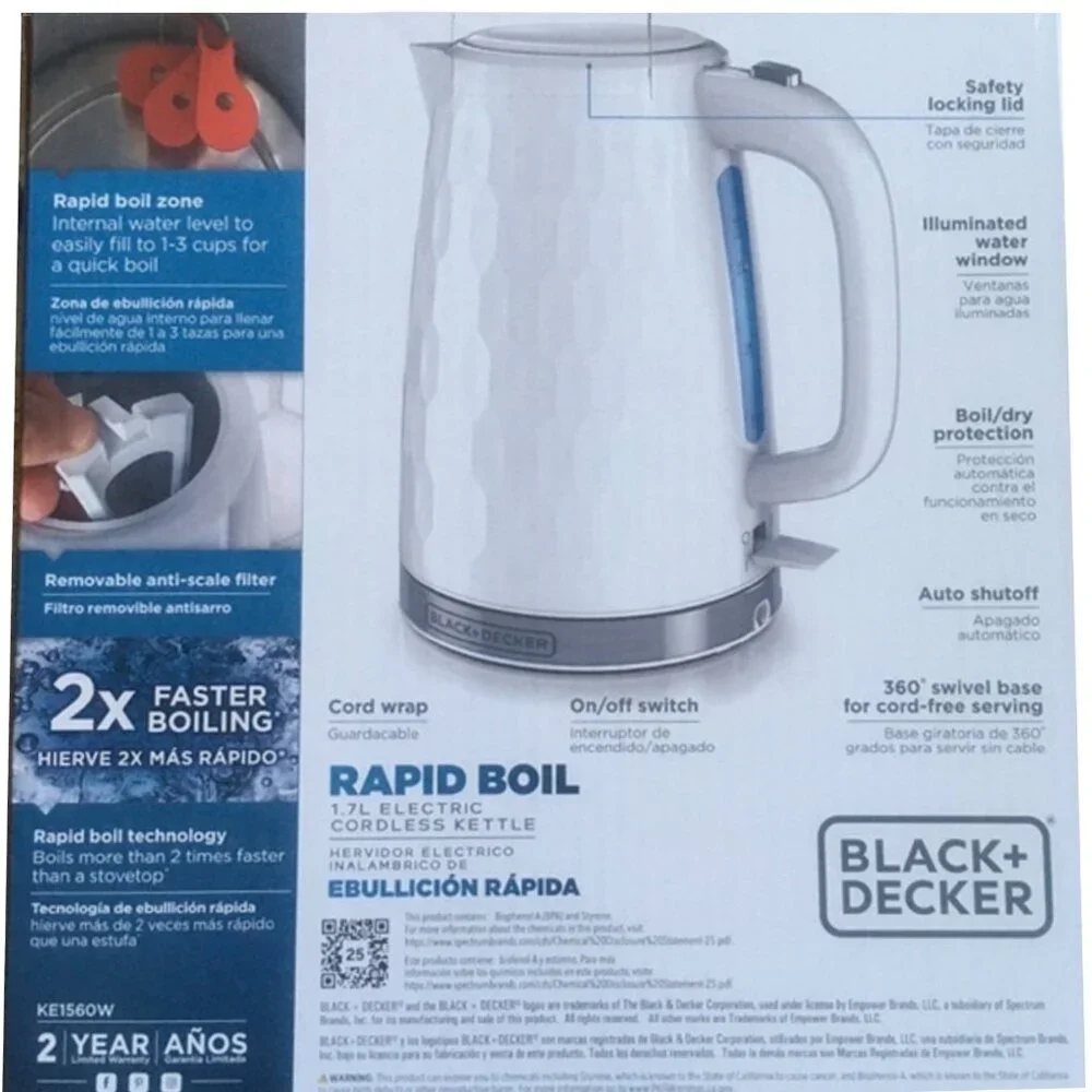 New Black & Decker White Honeycomb 1.7-Liter Rapid-Boil Electric Cordless Kettle